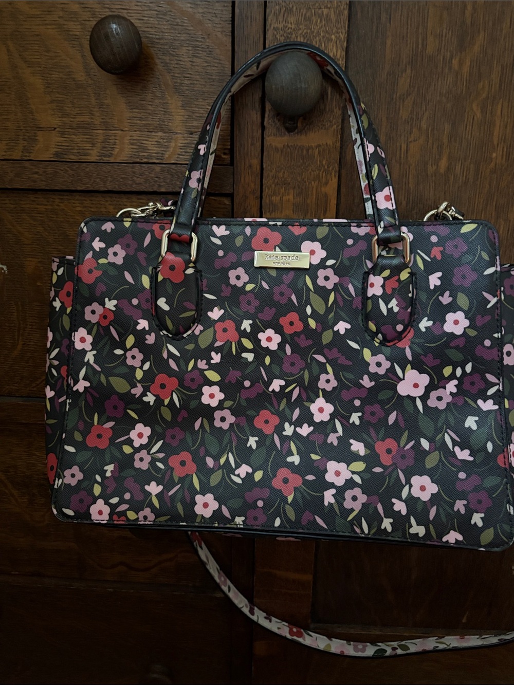kate spade Black Floral Satchel with Pink and Red Accents